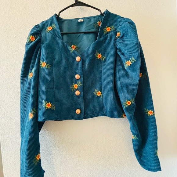 Embroidered Teal Corduroy Women's Top - Picture 1 of 6